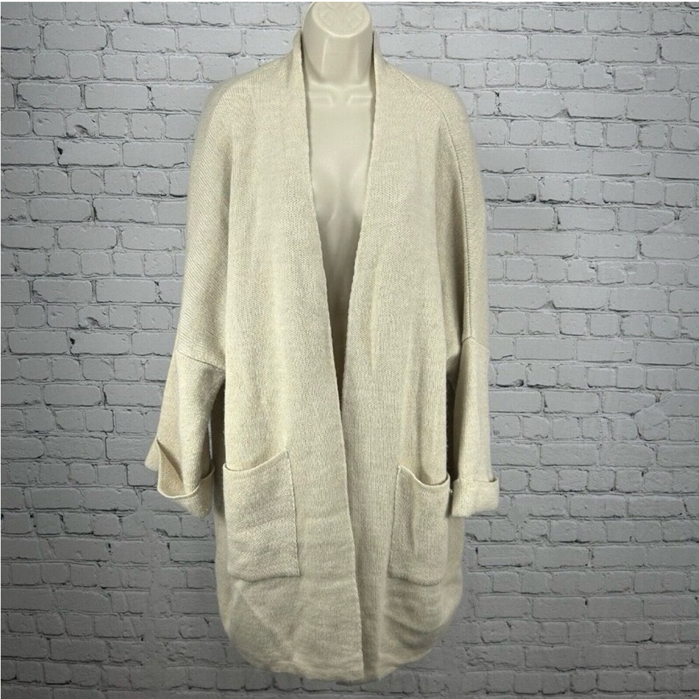 Cocogio Italian Beige Tan 3/4 Sleeve Open Cardigan Sweater With Pockets Size XL